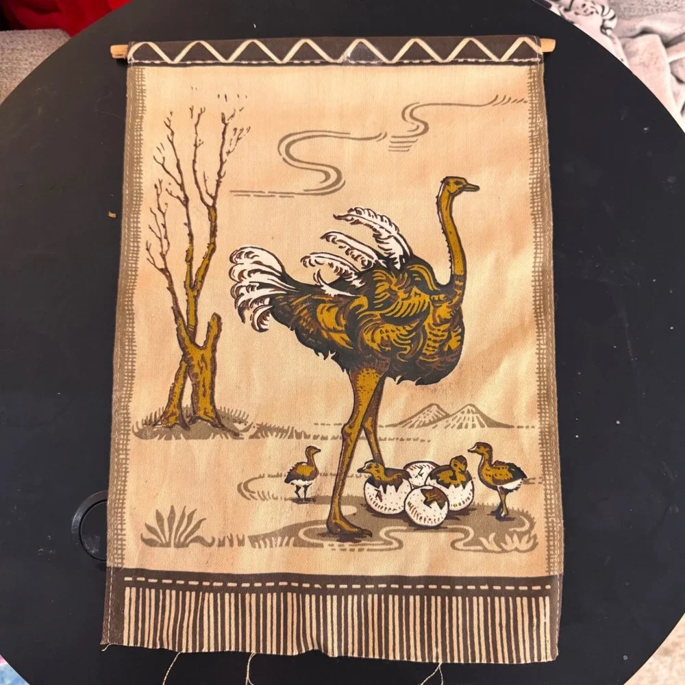 Vintage African Batik Mud Cloth Ostrich‎ w/ Chicks Wall Hanging Tapestry Rustic